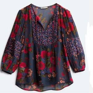 Daniel Rainn Boho Floral Sheer Peasant top tassel detail Navy/Wine Size Large